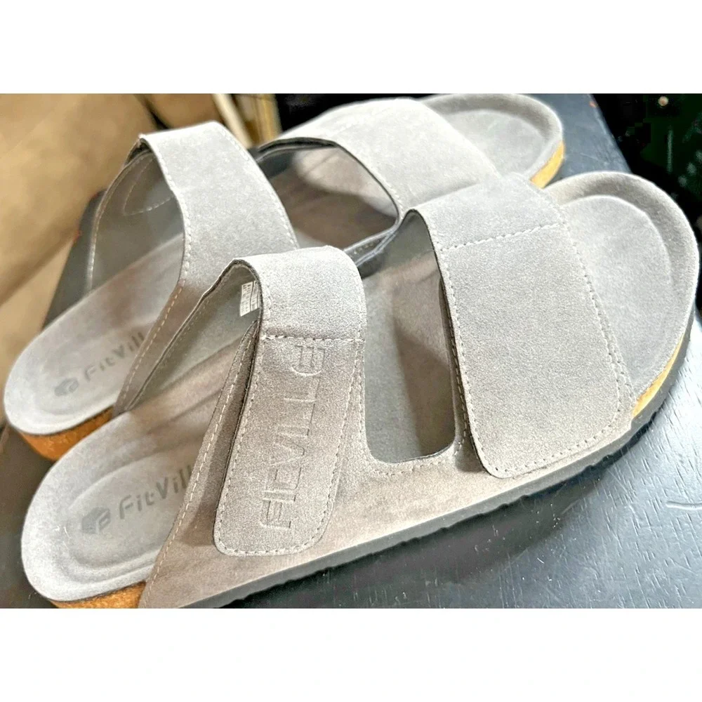 FitVille Grey Suede Arch Support Adjustable Straps Sandals Men's Size 11-11.5
